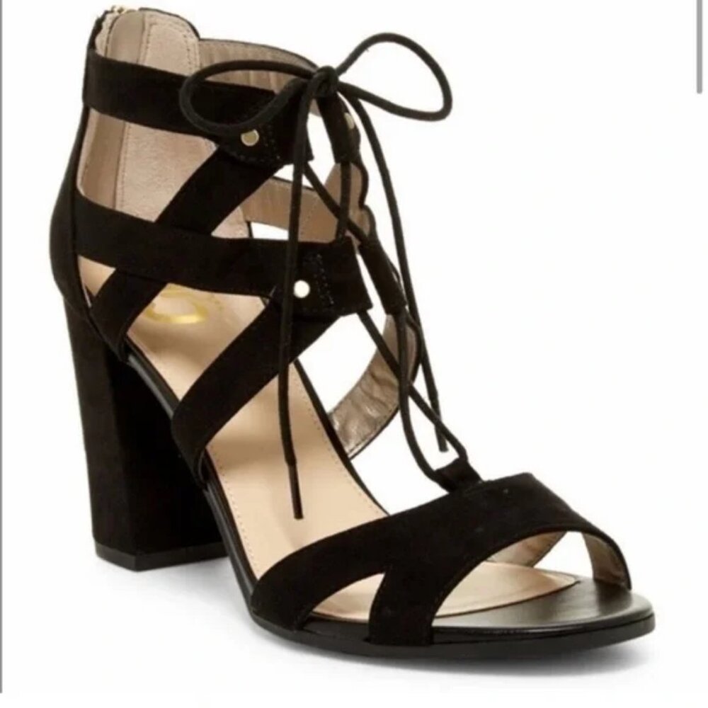 Circus by Sam Edelman Black Faux Suede Lace Up Gladiator Block Heels